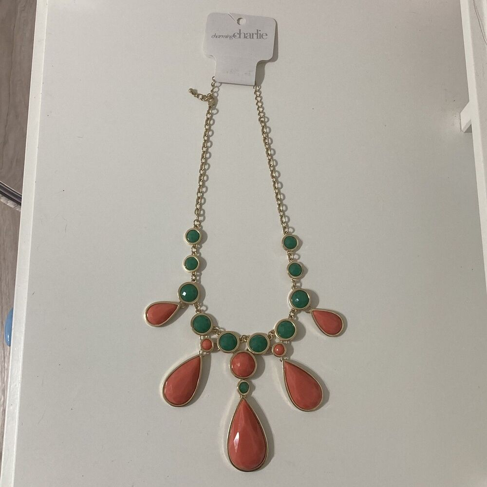 Charming Charlie Green Salmon Rhinestone Statement Necklace Gold Tone Teardrop